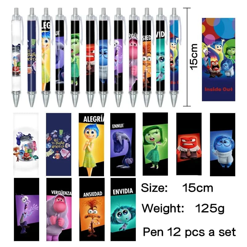Set di 12 Penne a Sfera Kawaii Inside Out con Personaggi Ansia, Tristezza, Rabbia, Accessori Anime Stampati, Set di Penne Gel