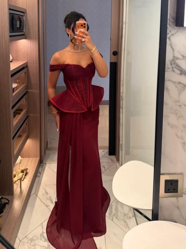 Burgundy Long Mermaid Evening Occasion Dresses Off Shoulder Peplum Corset Boning Jewelry Prom Gala Gown Bespoke Customized