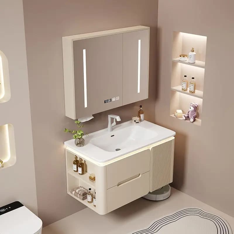 Combinazione di mobili da bagno con lavabo integrato in ceramica, per riporre le mani, color crema, in rovere, per lavare le mani