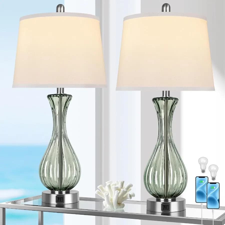 Lampada da tavolo in vetro costiero da 27,5" Set di 2 lampade da spiaggia con controllo touch completo dimmerabile a 3 vie con porta USB A+C Comodino nautico in vetro L
