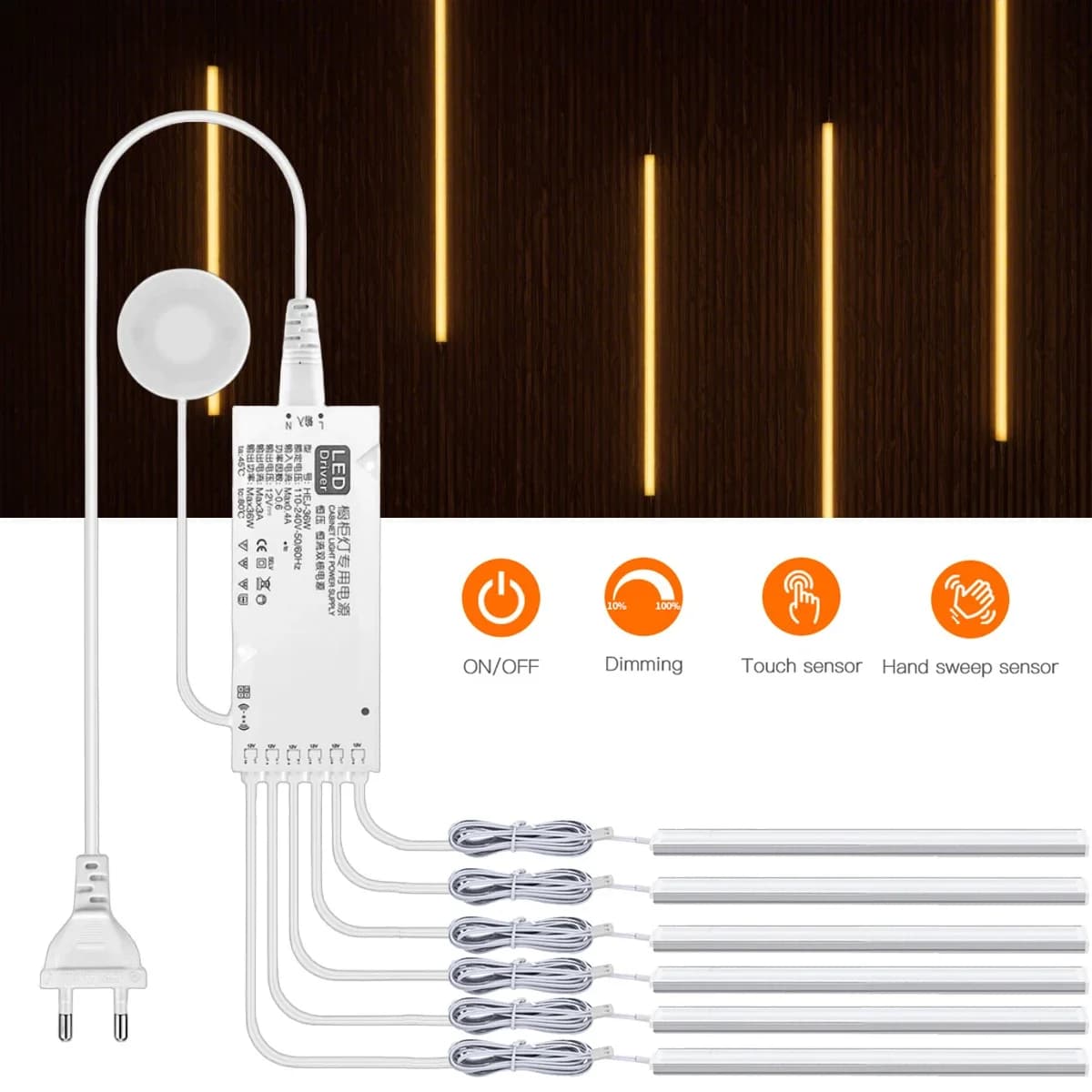 Barra luminosa a LED in alluminio con interruttore touch penetrabile, lampada a tubo da parete per illuminazione decorativa a parete per armadi a più strati, scarpiera e decorazioni murali