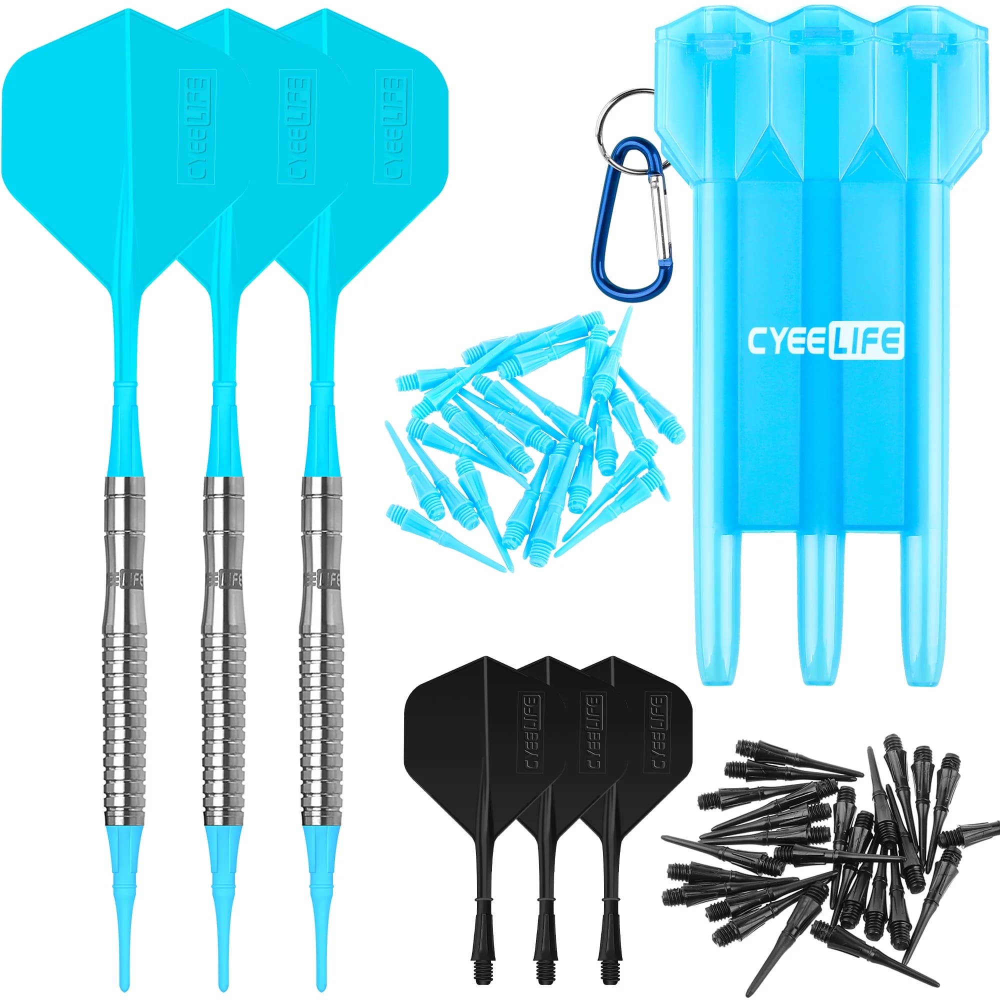 CyeeLife 16/18/20g 90% freccette con punta morbida in tungsteno con custodia per il trasporto nuovi voli blu e neri, punti in plastica 60 pezzi