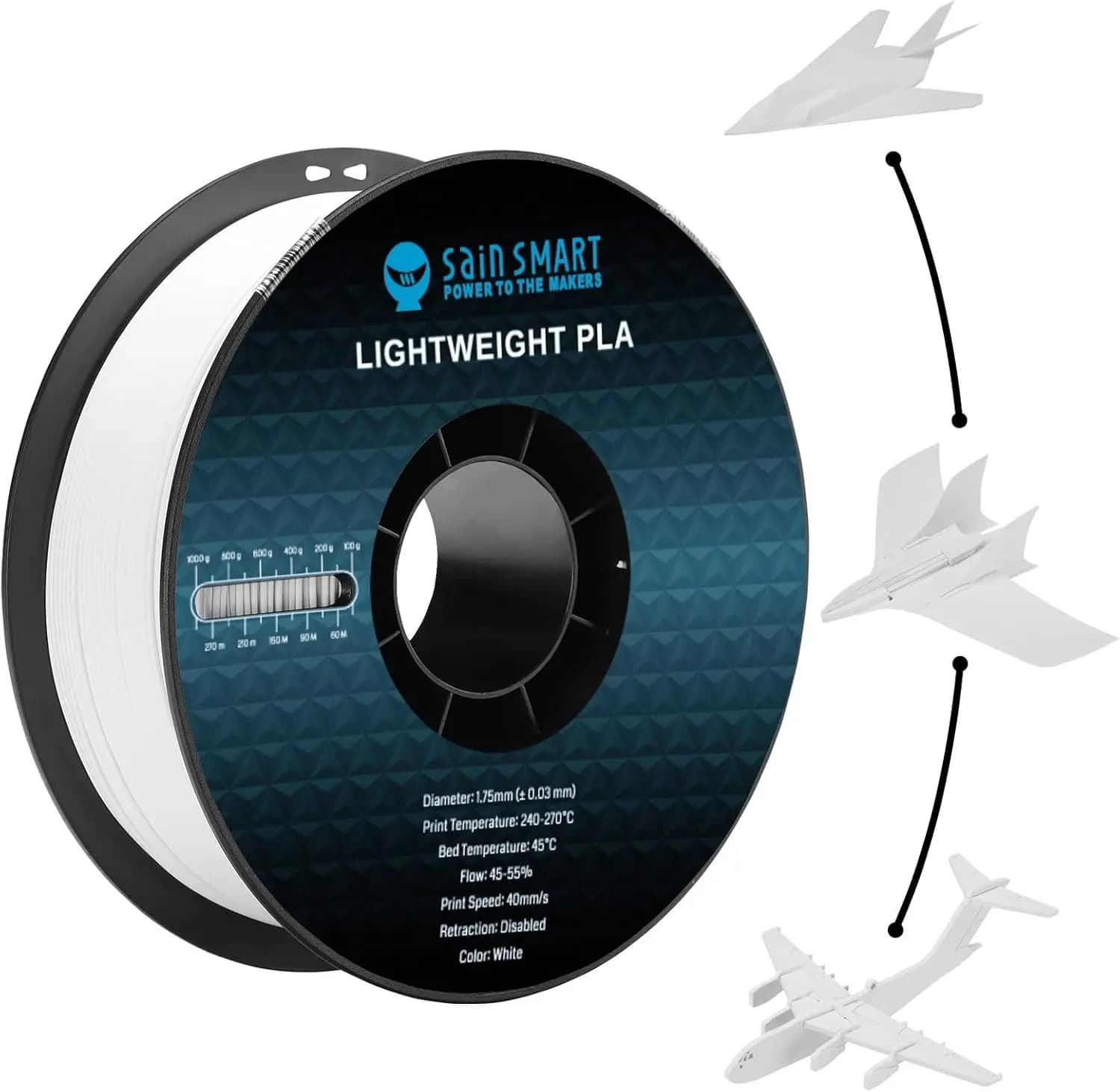 LW-PLA Filament Light from 1.75 mm, 1 kg per Aeromodelli RC, Droni, Cosplay - Bianco
