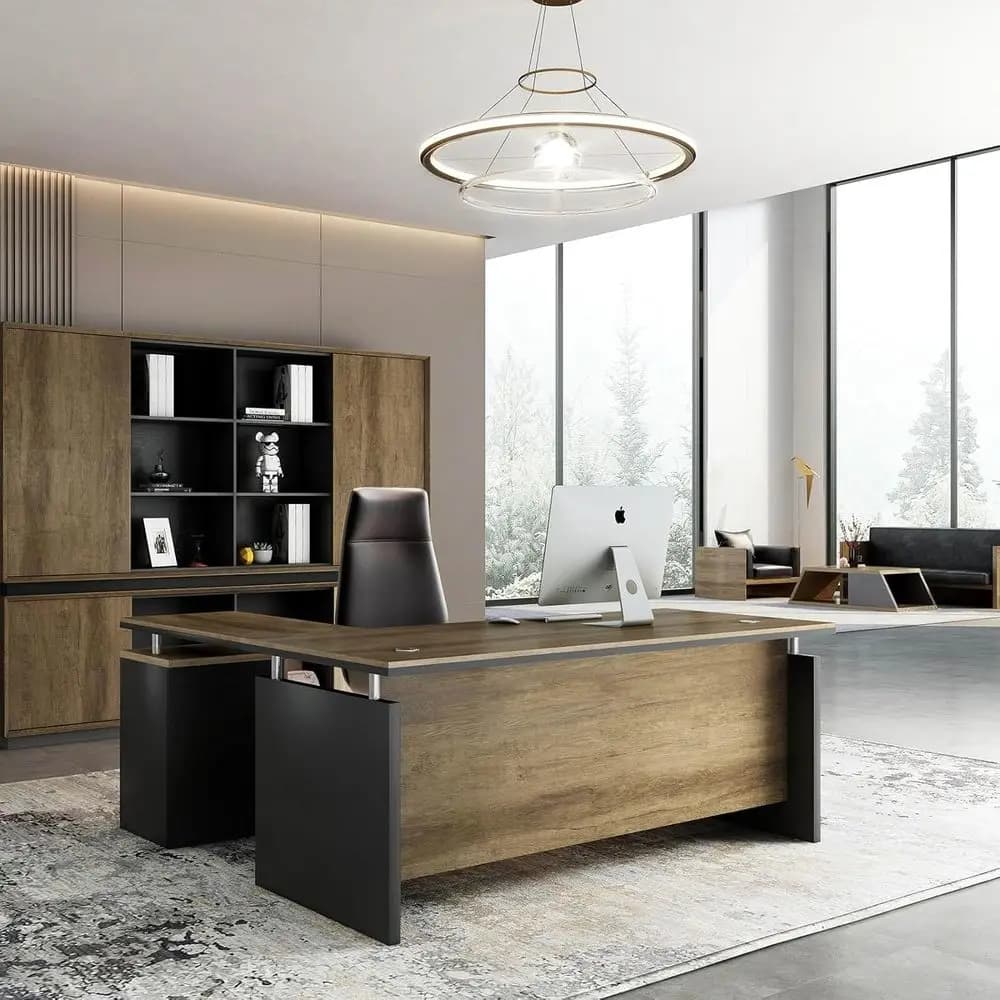 Scrivania da Ufficio a L in Legno da 63 Pollici con 3 Cassetti, Gestione Cavi, Presa di Corrente, Finitura in Vero Legno, Retro Reversibile per Ufficio Domestico