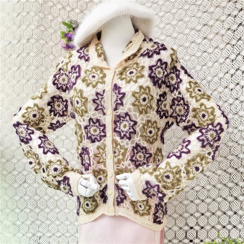 Ladies Women Vintage Hairy Soft Mohair Wool Knitted Flower Crochet Long Sleeves Slim Cardigans Sweater Jacket Coat Pull Tops