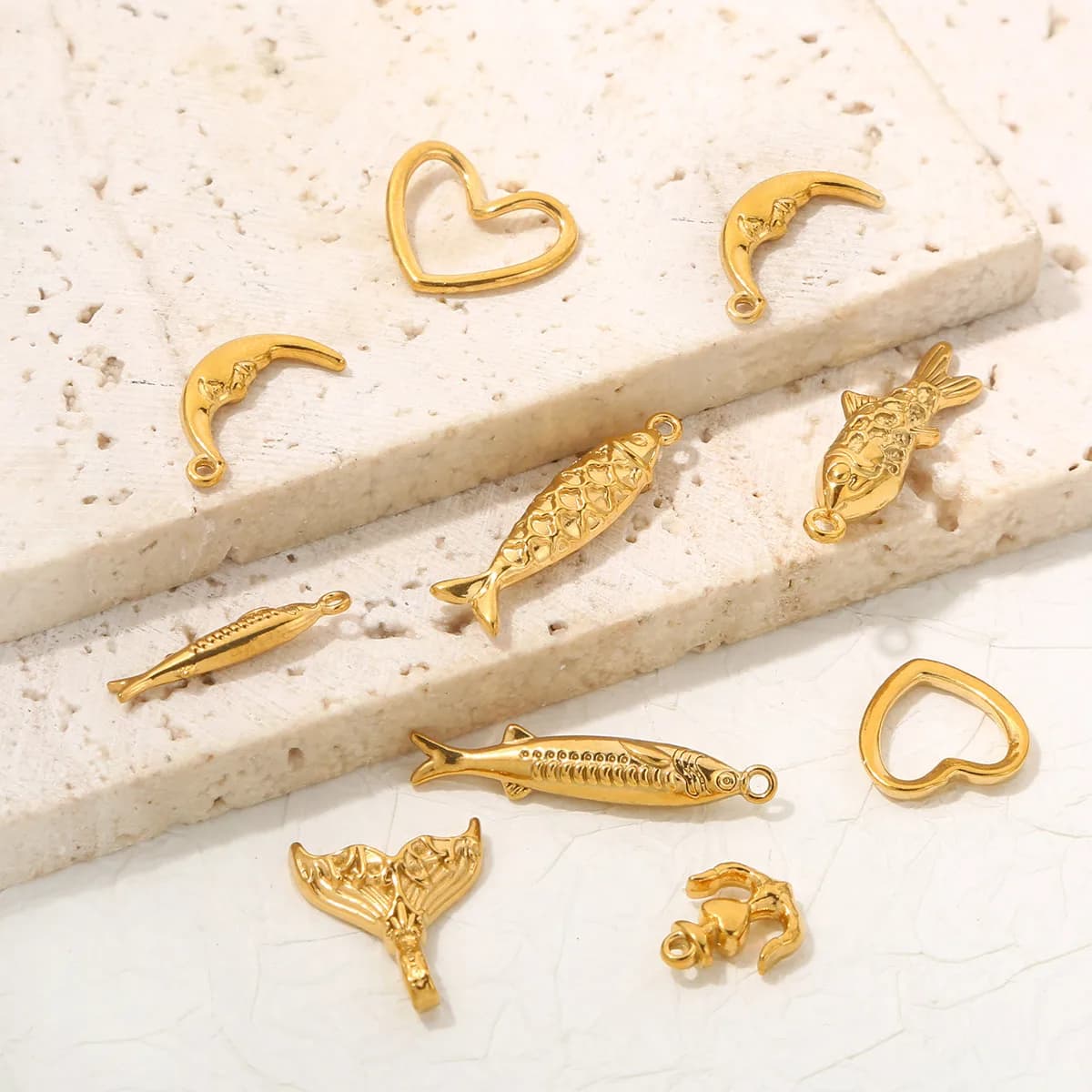 5 pezzi di ciondolo con ancora per barca a forma di cuore, luna, pesce, in acciaio inossidabile, per la creazione di gioielli, accessori per braccialetti, collane fai da te placcate in oro PVD