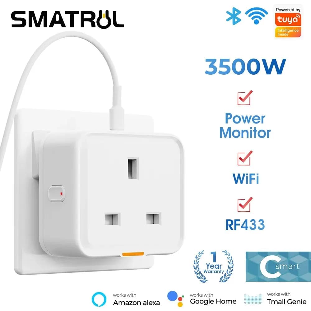 Tuya WiFi RF433 Smart Plug UK, Smart Socket, WiFi Plug Type-C 16A Adapter Power Monitoring Timer assistente vocale