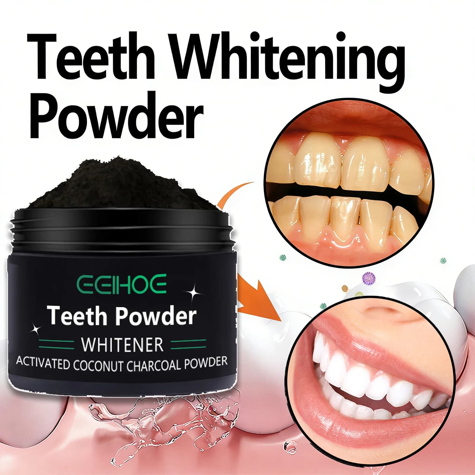 Natural Whitening Powder for Tooth, Cleaning and Removing Macchie for Yellow Tooths, Safe for Nail Polish with Carbon and Sodium Bicarbonate, Daily Oral Care