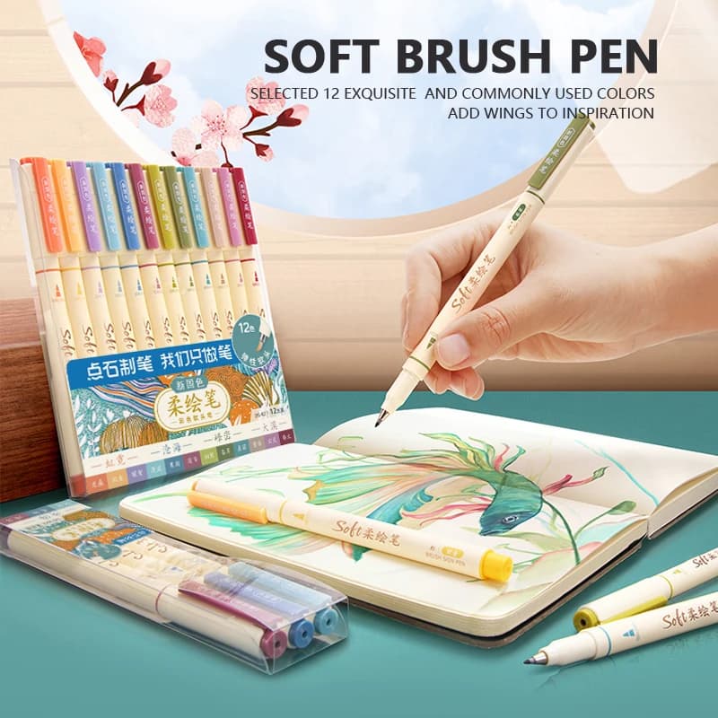 12 Colors Vintage Watercolor Lettering Art Marker Drawing Pen Set Multicolor Soft Brush Tip Calligraphy Painting Art Supplies