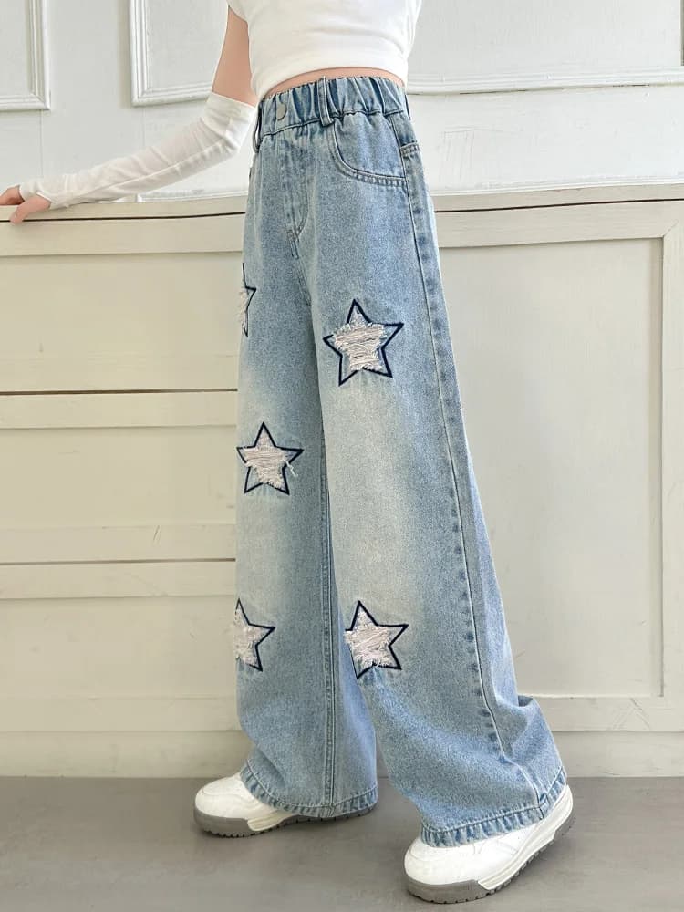 Spring Autumn Denim Jeans for Girls Middle School Students Fashionable Hole Five Pointed Star Wide Leg Pants Girls Spring Aut...