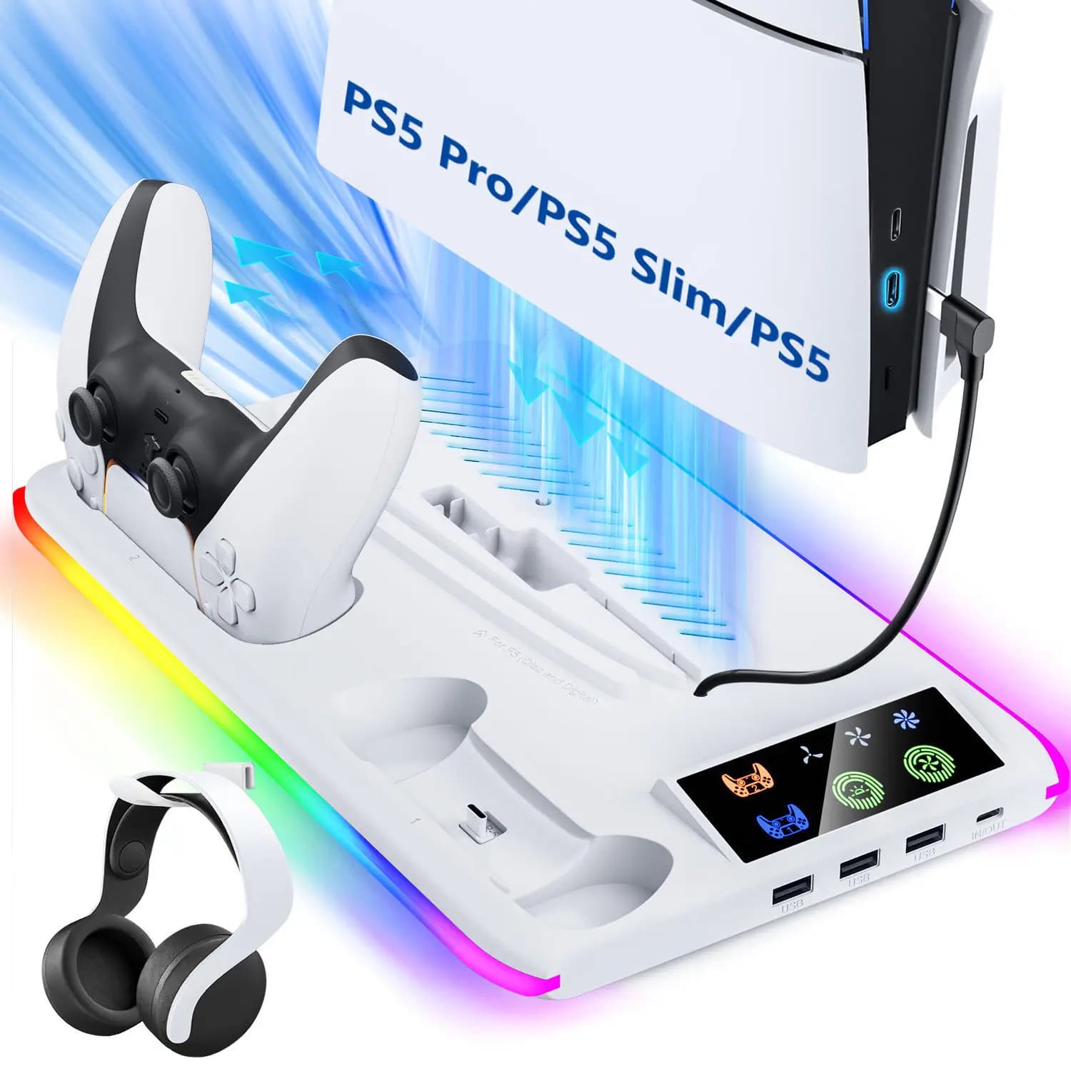 Cooling Stand with LED Controller Charging Station for PS5/Slim/Pro 3-Gear Cooling Fan PlayStation 5 Console Accessories