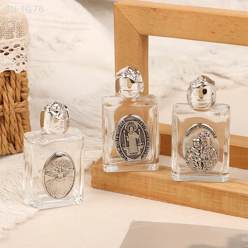 12 Tipi di Bottiglie in Vetro per Acqua Santa - Design con Croce di Gesù e Scultura della Vergine Cristiana, Bottiglia Ricaricabile per Acqua Religiosa