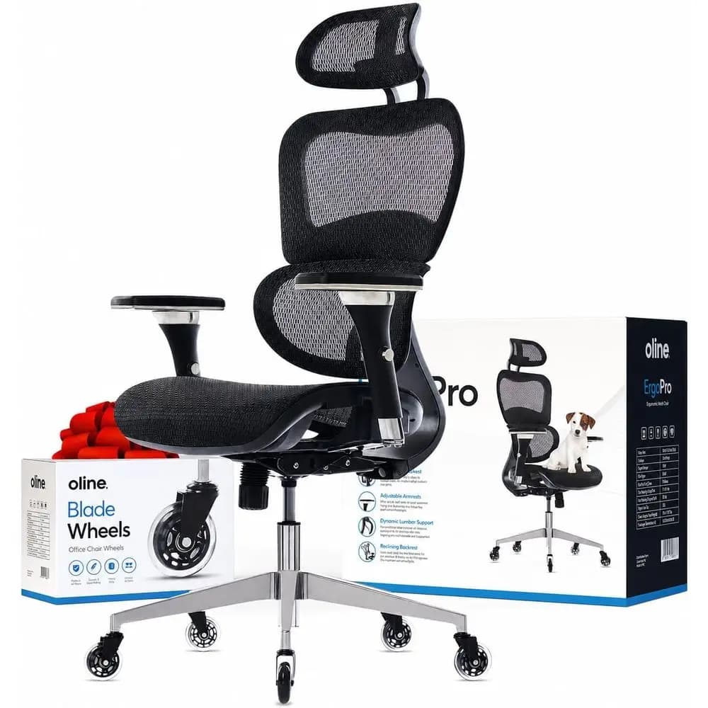 Sedia da Ufficio Ergonomica con Braccioli Regolabili, Supporto Lombare 3D, Schienale in Rete e Ruote a Lama (Nera)