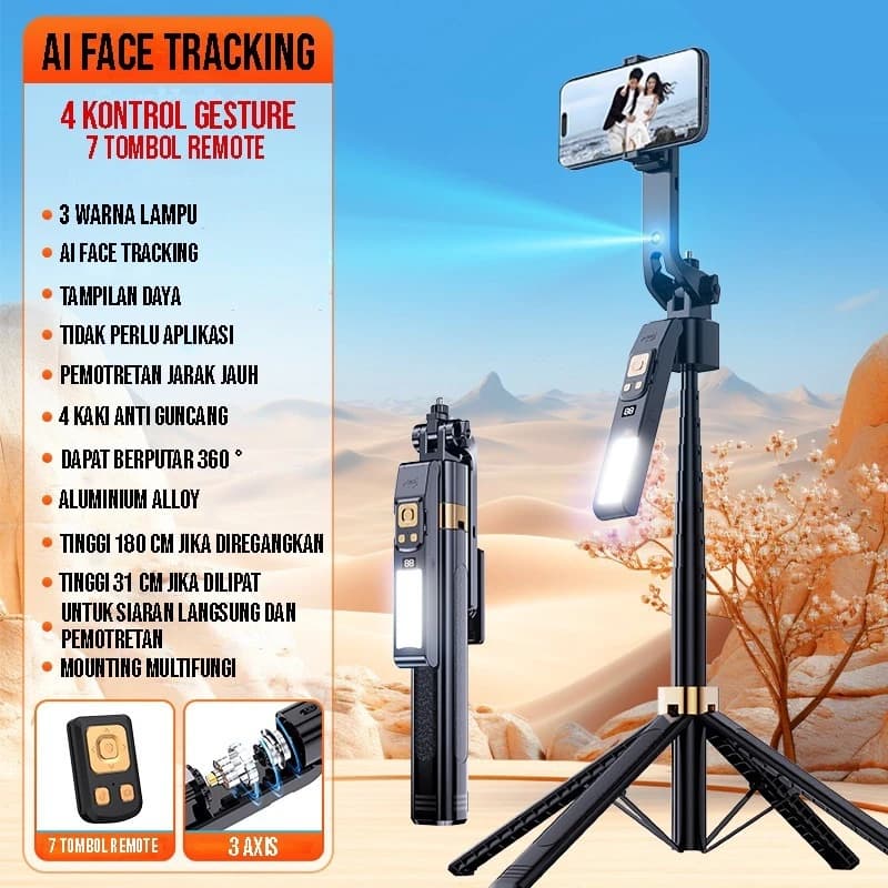 CL12P 180CM Selfie Stick Auto AI Face Tracking Quad Stand Rotazione a 360 gradi Stabilizzatore treppiede con giunto cardanico con luce di riempimento a LED