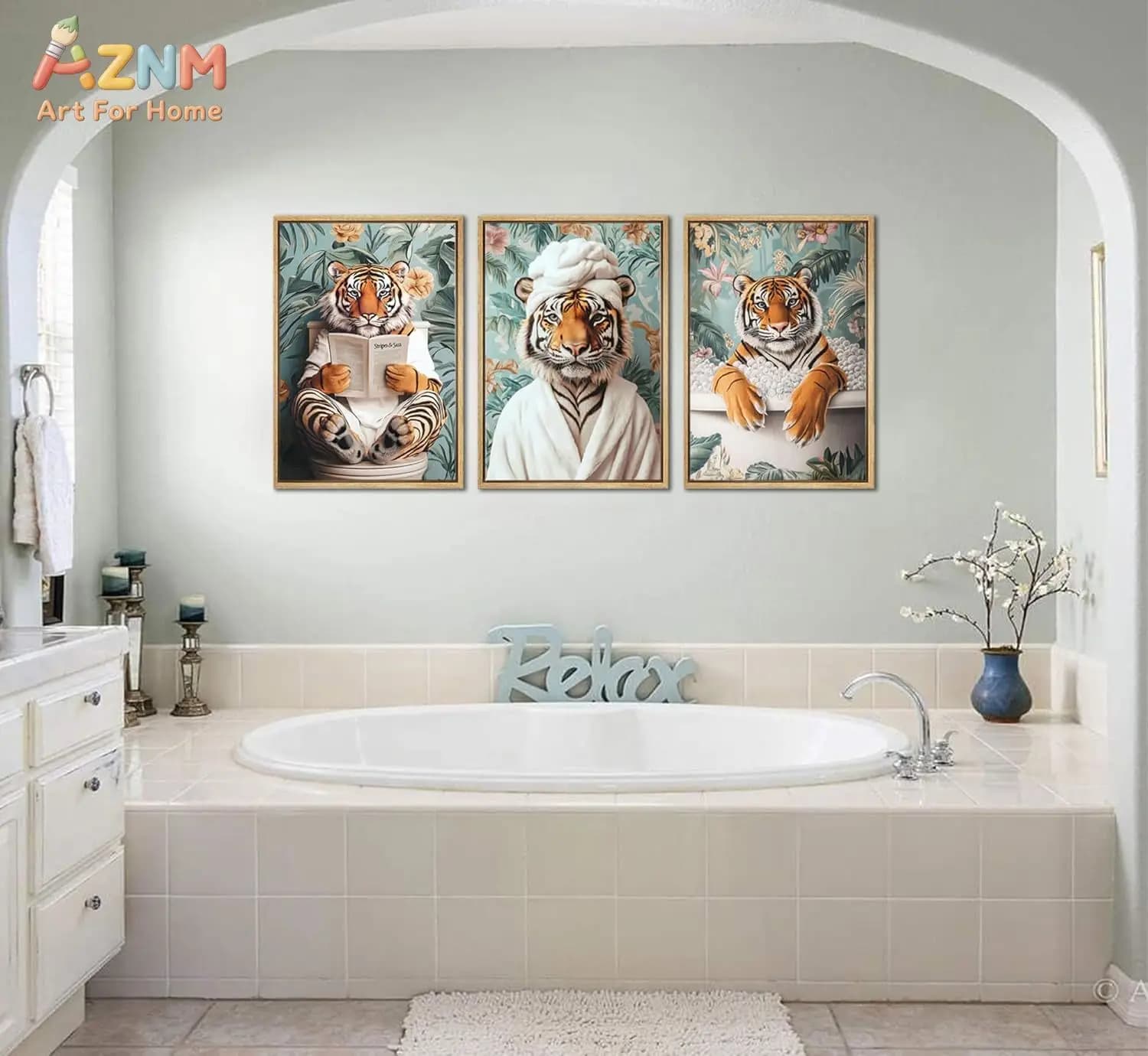 Set di 3 Stampe su Tela con Tigre Divertente nel Accappatoio che Legge, Foglie Tropicali, Poster da Parete con Animali Carini per Bagno, Senza Cornice