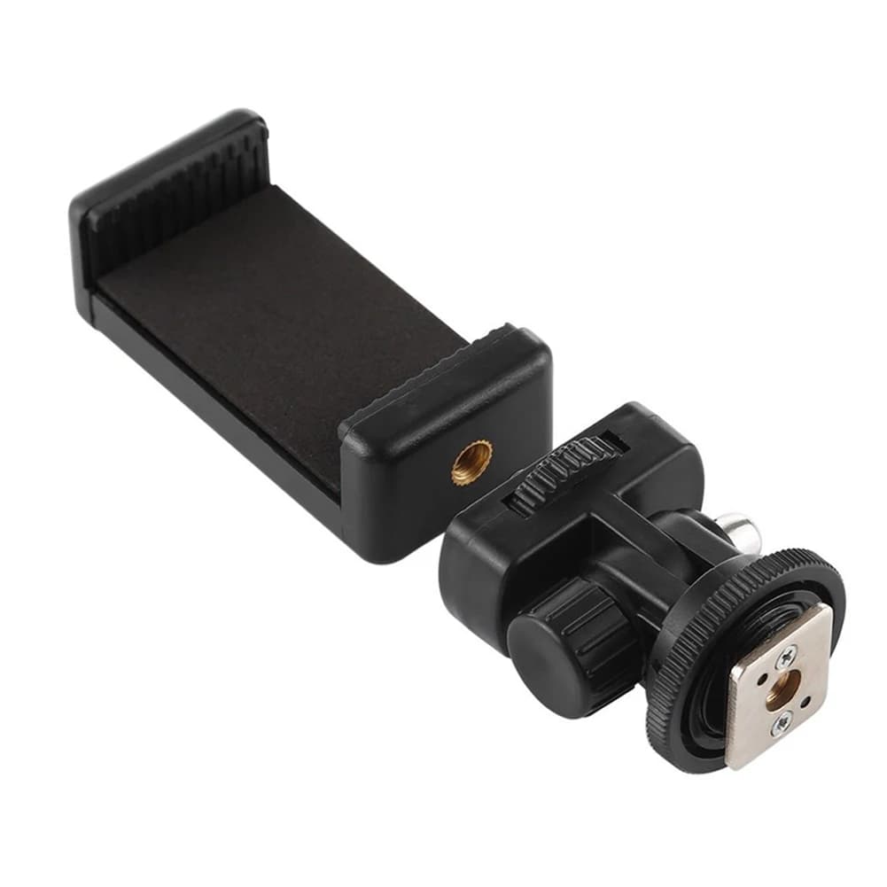 Support for Phone Tripod with Clip and Hot Shoe Attachment for Camera, Adapter for Cellular Tripod, 360 Degree Rotation