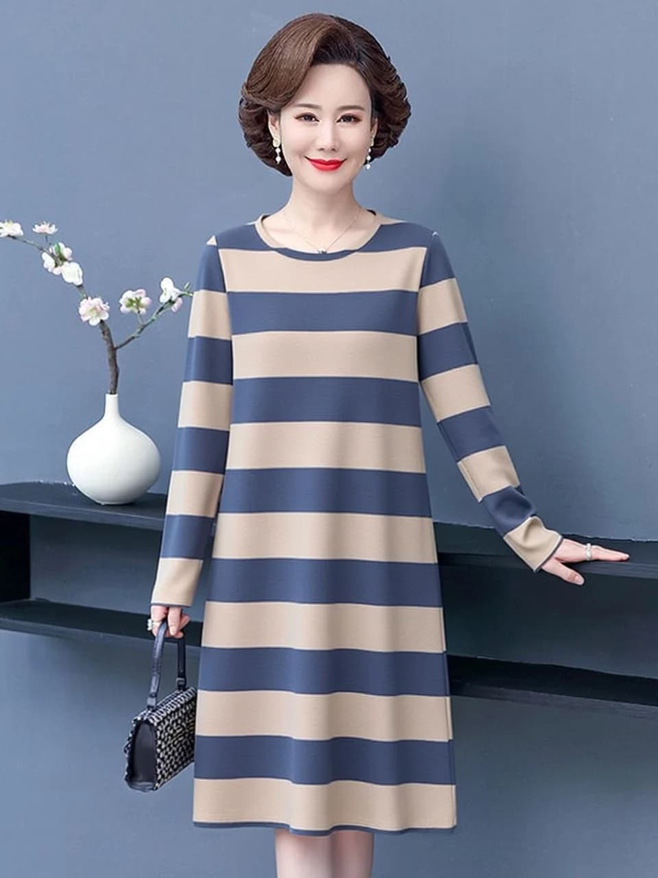 Elegant Striped Long Sleeve Midi Dress Women's plus Size Belly Covering Mommy Clothes Casual Loose Fit Polyester Fiber
