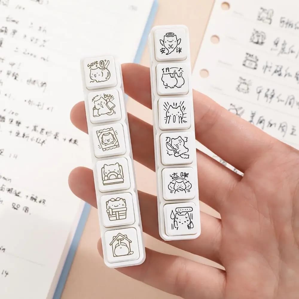 6Pcs Mini Pattern Cute Cat Stamp Six Seal Set Black/Brown Kawaii Kitten Seal Easy To Use Simple Diary Cartoon Pattern Stamps