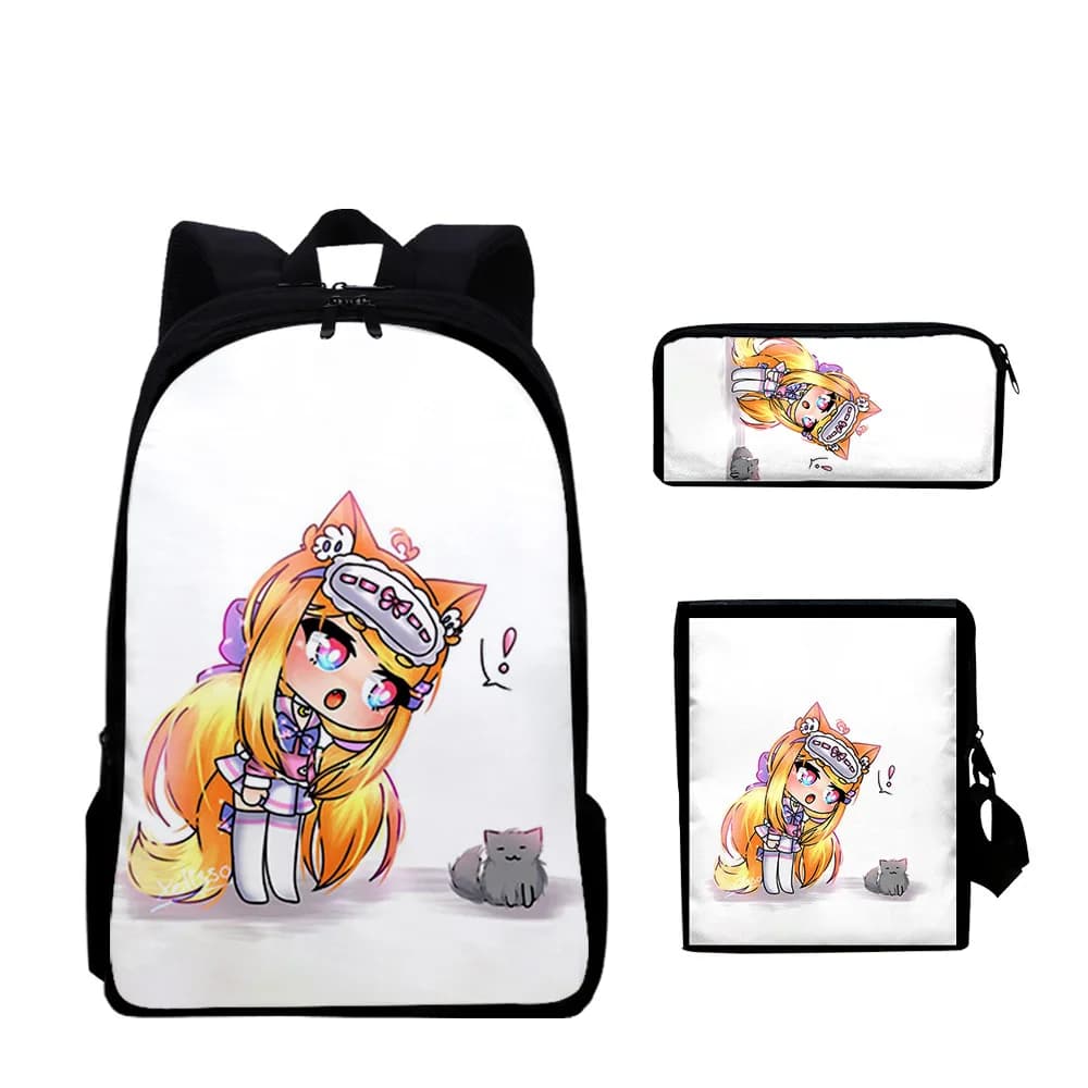 Set di 3 Borse Cartoon Giovanili e Divertenti Gacha Life con Stampa 3D: Zaino da Viaggio per Studenti, Borsa per Laptop, Zaino a Tracolla e Astuccio