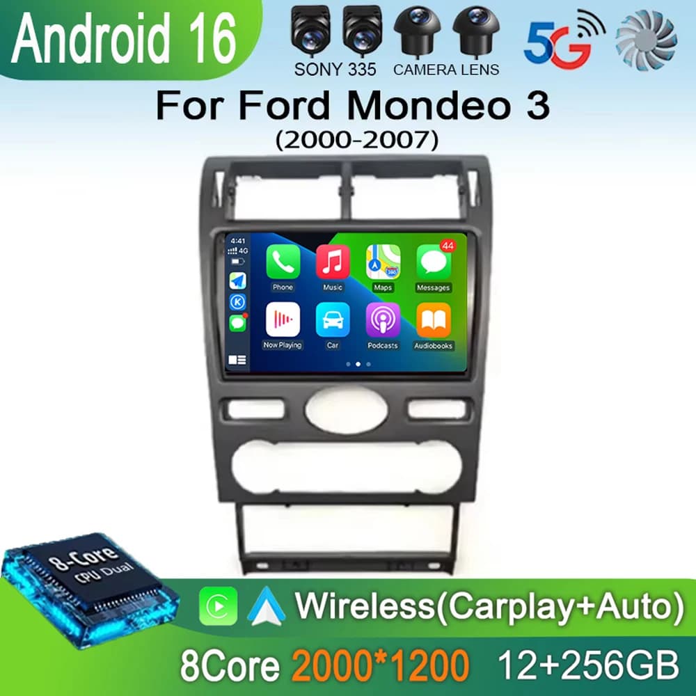 Autoradio Android 16 per Ford Mondeo 3 2000-2007, Lettore Multimediale con Carplay, Navigazione GPS, Android Auto, Raffreddamento DSP