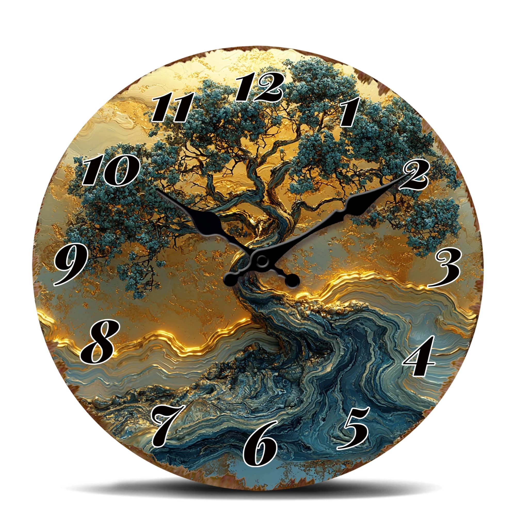 Clock by Parete Rotondo with Texture Marmorized in Bonsai Shape, Unique Art Piece for Furniture of Living Room