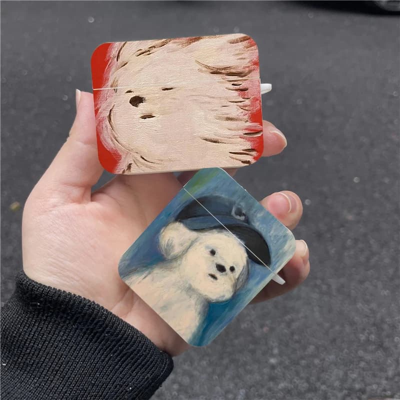 Cute Oil Painting Dog Earphone Case For Apple AirPods 4 3rd 2 Pro3 Shockproof Hard Cover For Airpod 1 3 Protective Shell Fundas