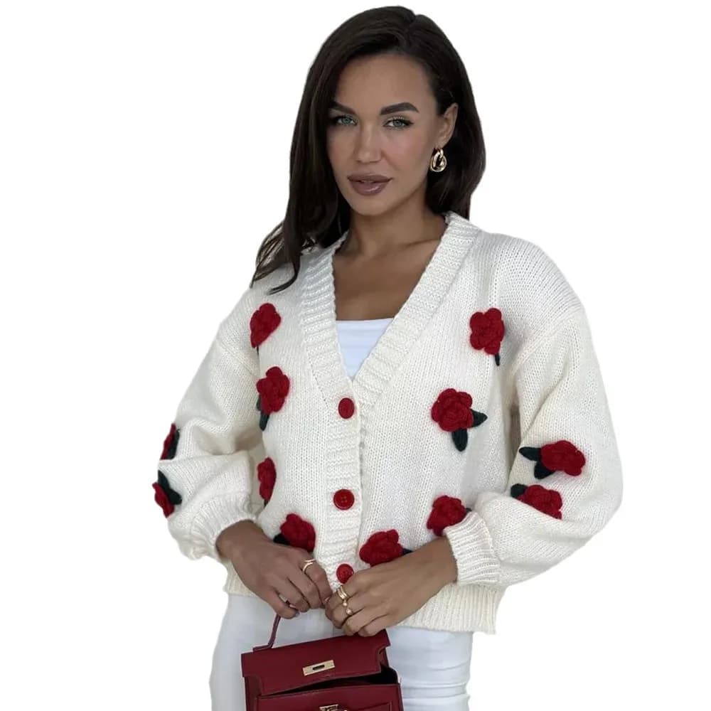 Cardigan autunno inverno da donna maglioni lavorati a maglia carini fiore stampato aperto sul davanti abbottonato cappotto corto allentato capispalla