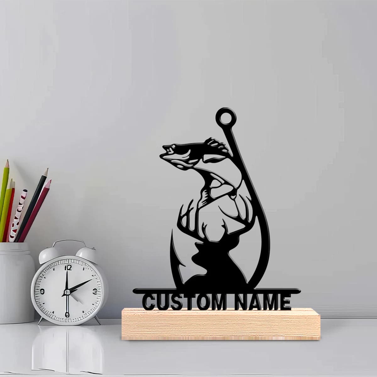 Statua in Metallo Personalizzata con Cervo, Pesce e Ami da Pesca, con Base in Legno, Decorazione da Tavolo e da Parete