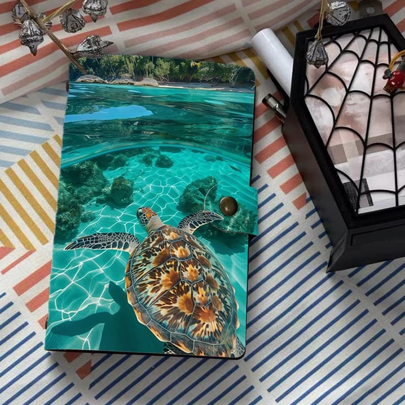 Tropical Sea Turtle Underwater Coral Reef Print Notebook A6 Soft Leather Cover Journal, Perfect for School, Office, Travel, Dail