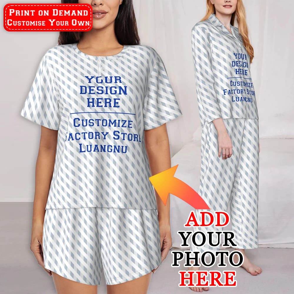 Customise Women's Pajamas Set Custom Sleepwear Button Down Long Pajama 2 Piece Short Pajama Set Homewear Personalized Image Text