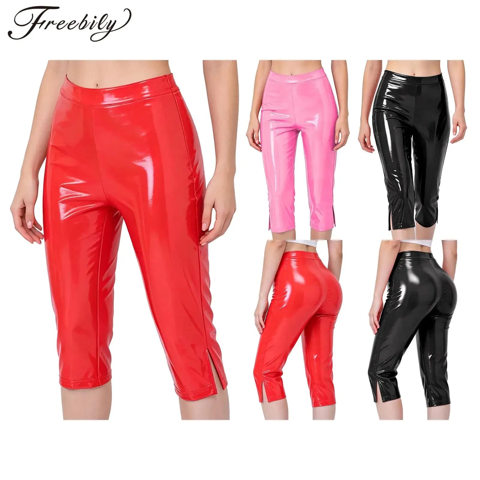 Women Glossy PU Leather Capri Pants High Waist Split Leg Skinny Pencil Pants Wet-look Short Leggings Rave Party Y2k Clubwear