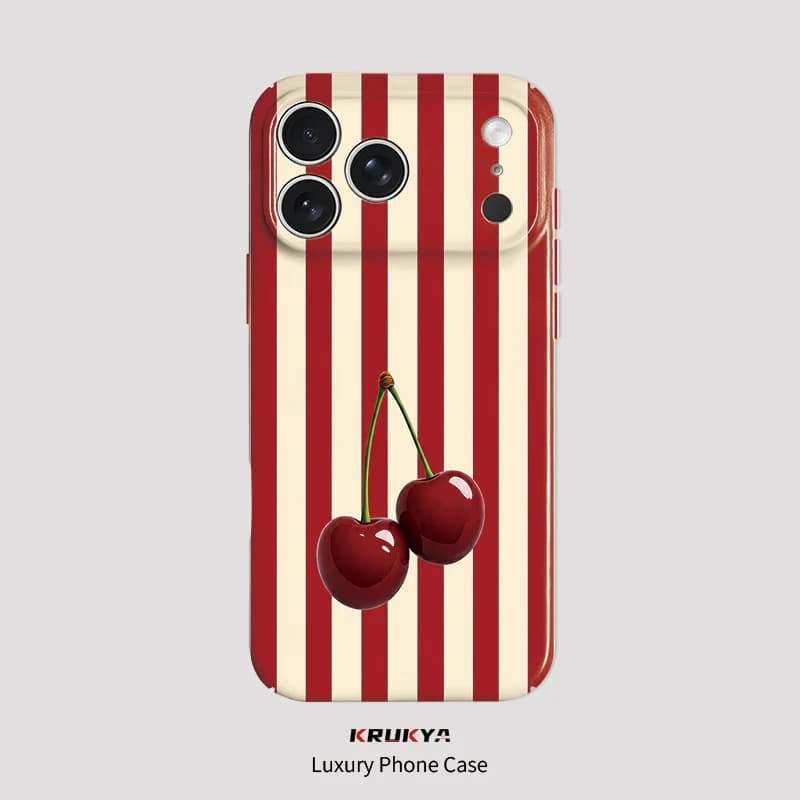 Krukya Matte Phone Case For iPhone Air 17 Pro 16e 17e 16 15 14 13 Mini 12 Pro Max Cherry Stripe Pattern PC Shockproof Cover