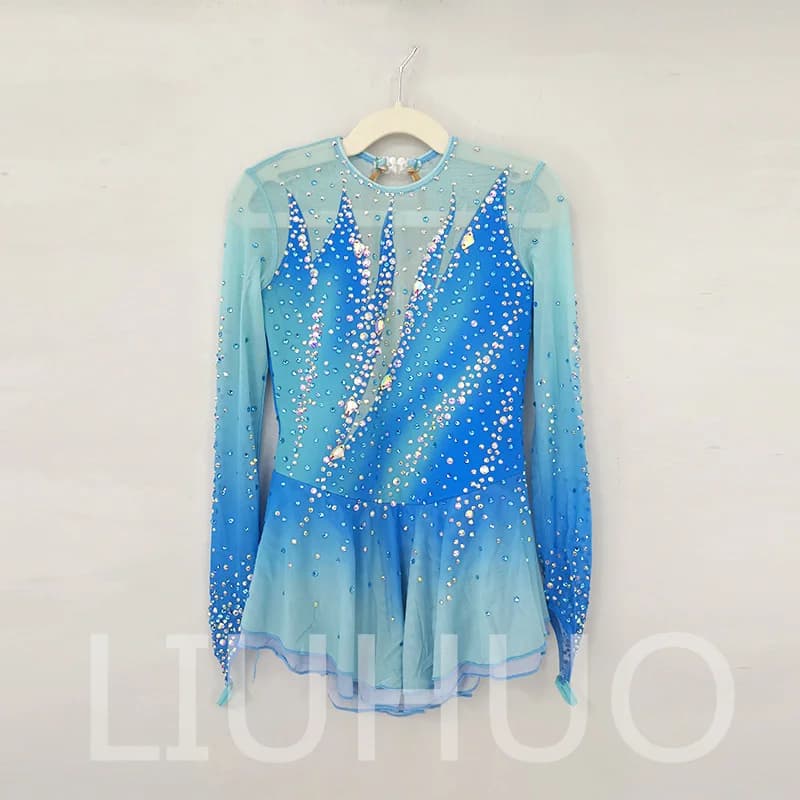LIUHUO Abito per Pattinaggio Artistico su Ghiaccio per Ragazze Donne Adolescenti Elasticizzato in Spandex per Competizione Blu BD7100