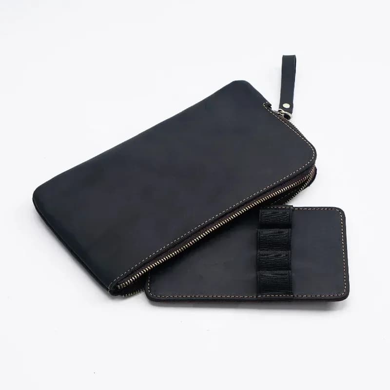 Borsa per penne portaoggetti per penne con cerniera in pelle bovina fatta a mano Borsa per matite staccabile portatile retrò di grande capacità