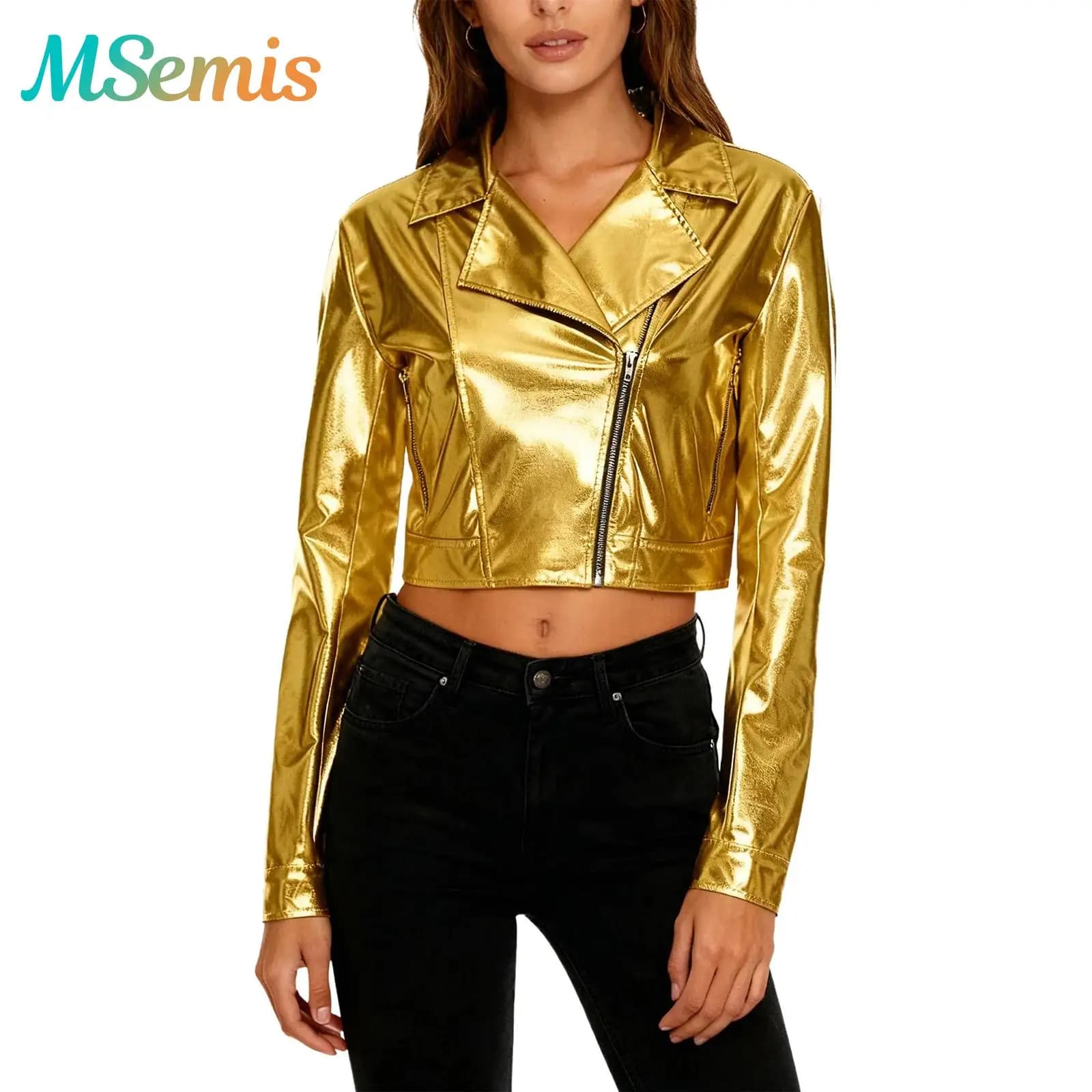 Womens Biker Motor Jacket Metallic Shiny Cropped Tops Notch Lapel Long Sleeve Side Zipper Jacket Outerwear Club Party Costume
