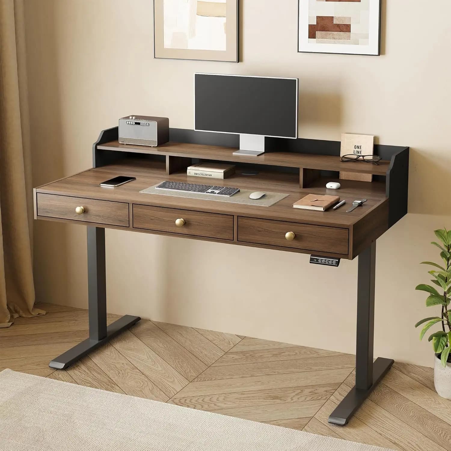 Electric Standing Desk 3 Drawers & Monitor Shelf 47.2x26 Inch Height Adjustable Storage 176 Lbs Home Office, Customized