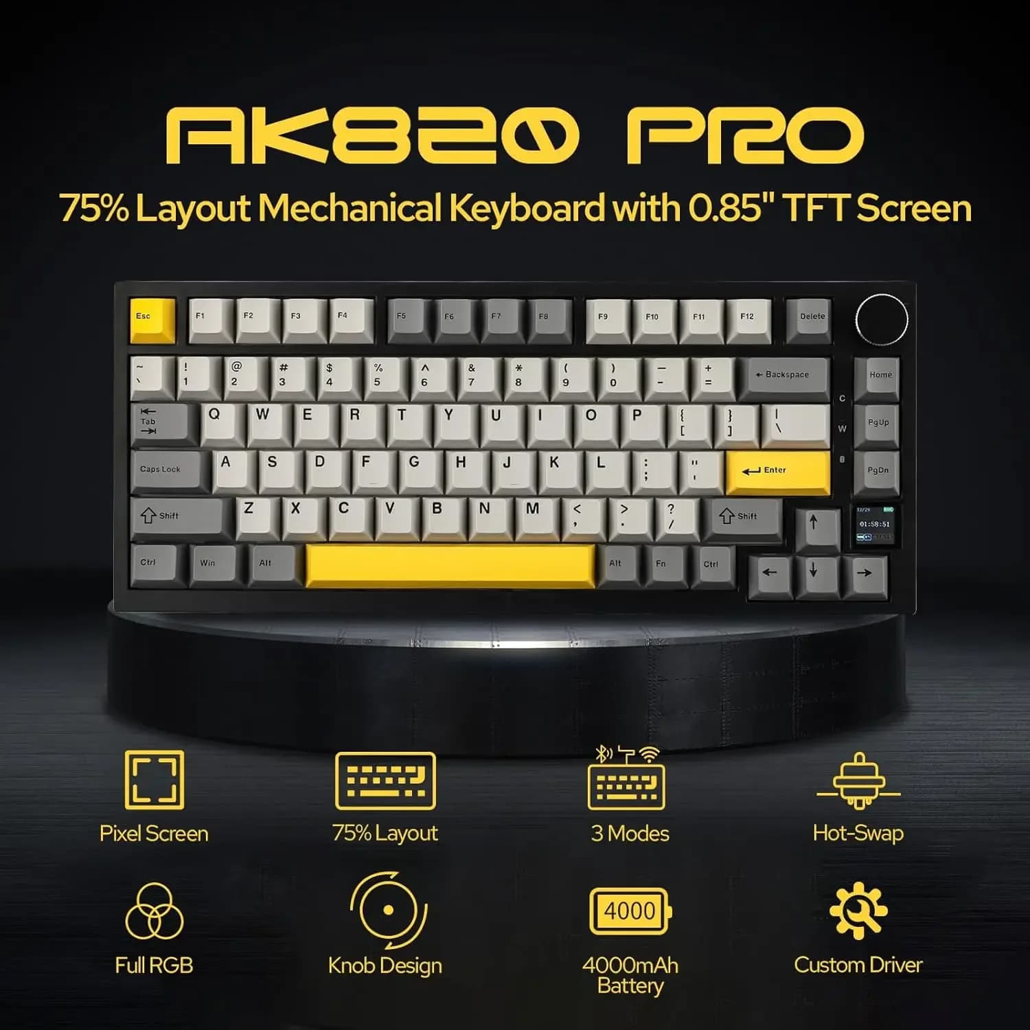AJAZZ AK820/AK820 PRO Triple-Mode Wired/Wireless 2.4G/Bluetooth Office Gaming Keyboard, 75% Layout, ABS Hot-Swappable Keys