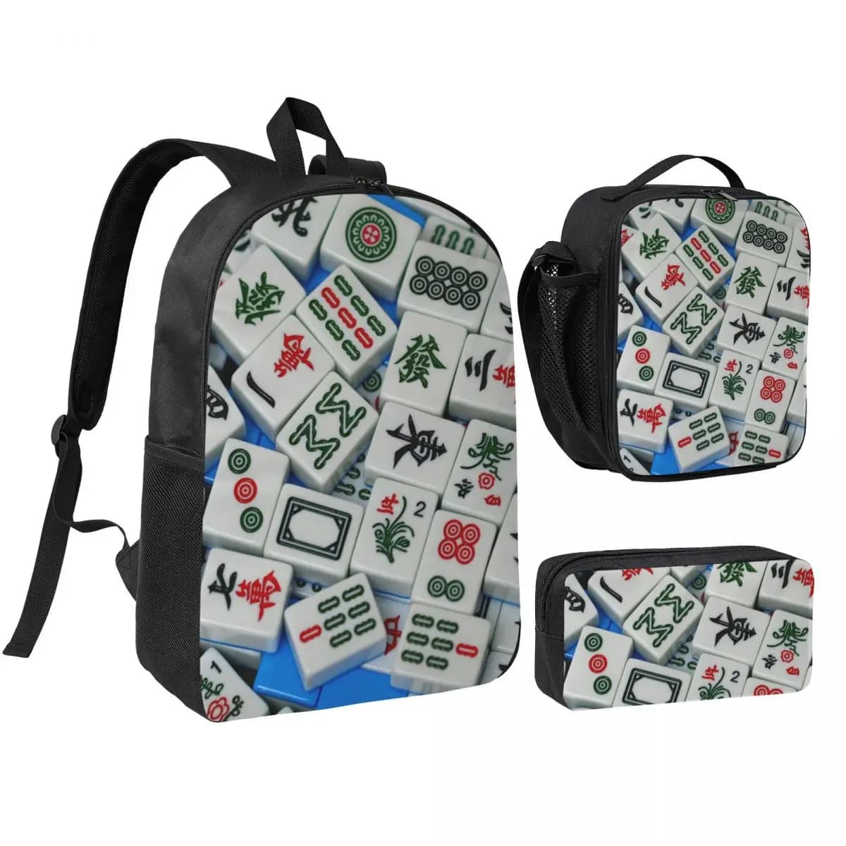 Zaino con motivo Mahjong, borsa per libri per studenti, borsa da scuola, borse a tracolla, 3 pezzi, borsa termica per il pranzo, astuccio per matite