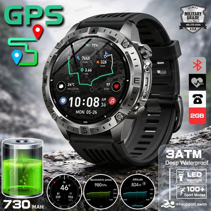 Nuovo Smartwatch Militare GPS da Esterno 2026 per Uomo con Mappa Offline, 2GB RAM, 730 mAh, Bussola, Torcia e Chiamate HD su Display AMOLED da 1.43 pollici