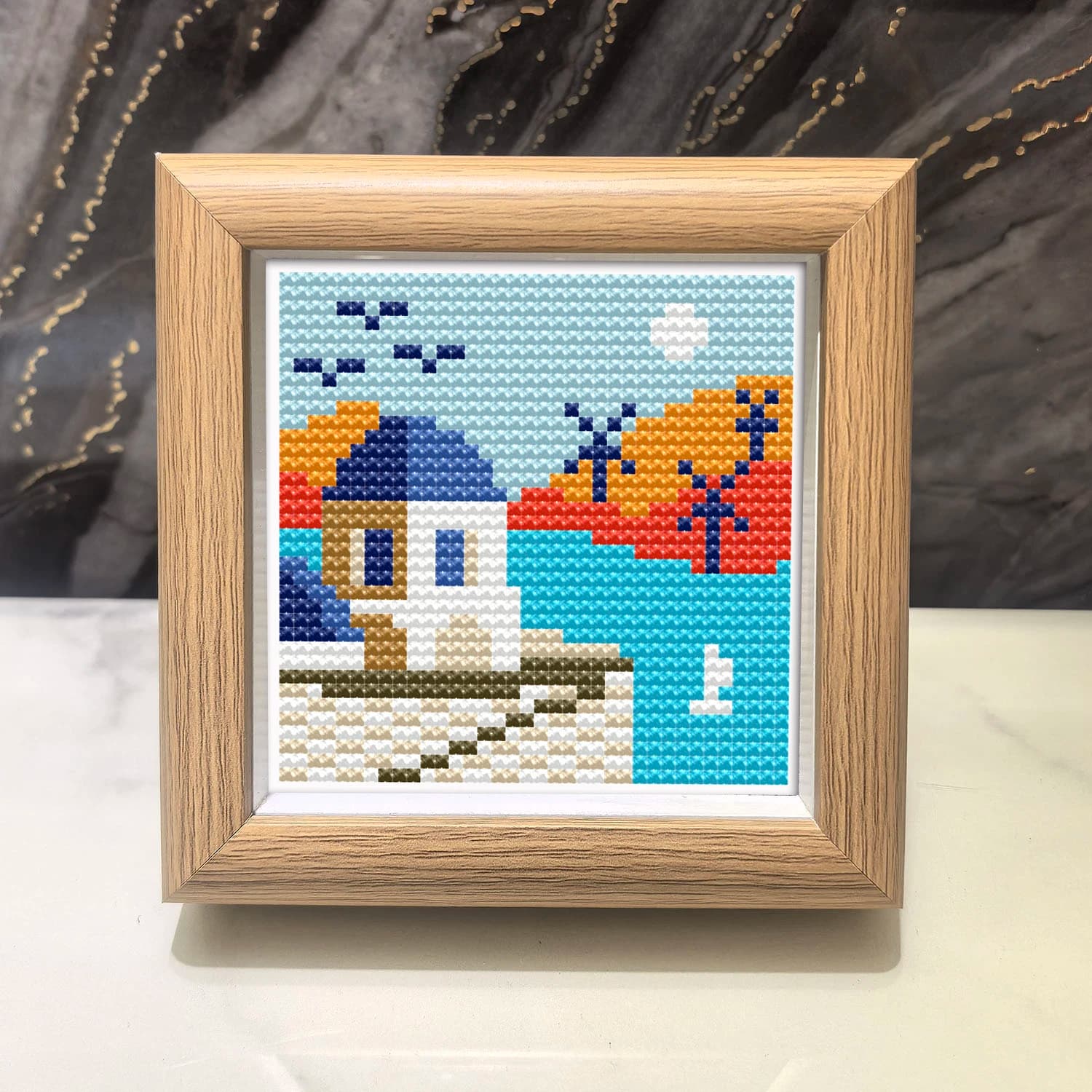 Mini Castle Beach Scenery Cross-Stitch Kit with Frame, DIY Simple Handmade Embroidery Material Kit, 4inch Desktop Ornaments for Children's Bedroom Decoration, Holiday Craft Practice