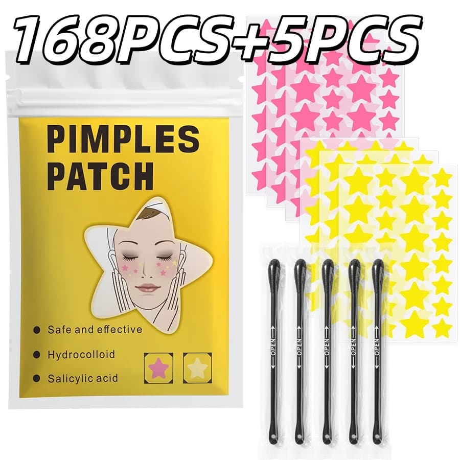Star-shaped hydrocolloidal patches for the face, 168 pieces with 5 cotton sticks for black spots, hydrocolloidal patches for acne, star-shaped patches for pimples.