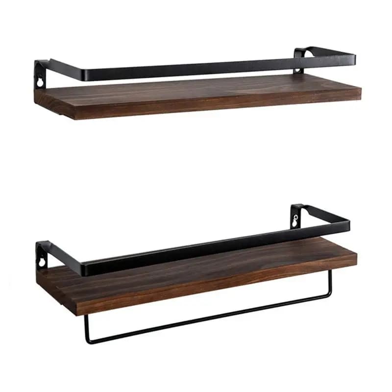 Set di 2 Mensole da Parete LLCS in Metallo e Legno Rustico, Portaoggetti Galleggiante per Cucina e Bagno, Portasciugamani