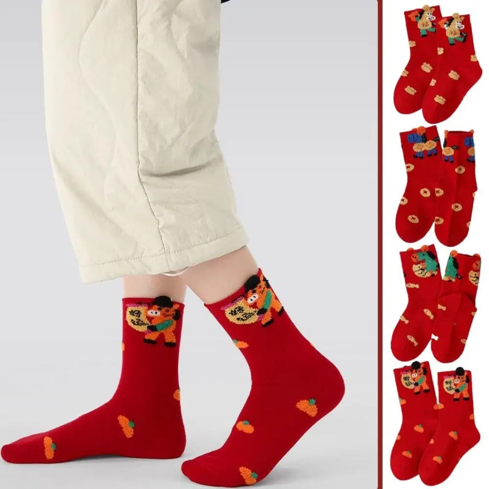 5Pairs Cartoon Horse Chinese New Year Socks Mid Tube Love Heart Zodiac Horse Year Socks Good Luck Pony Red Cotton Socks Gift