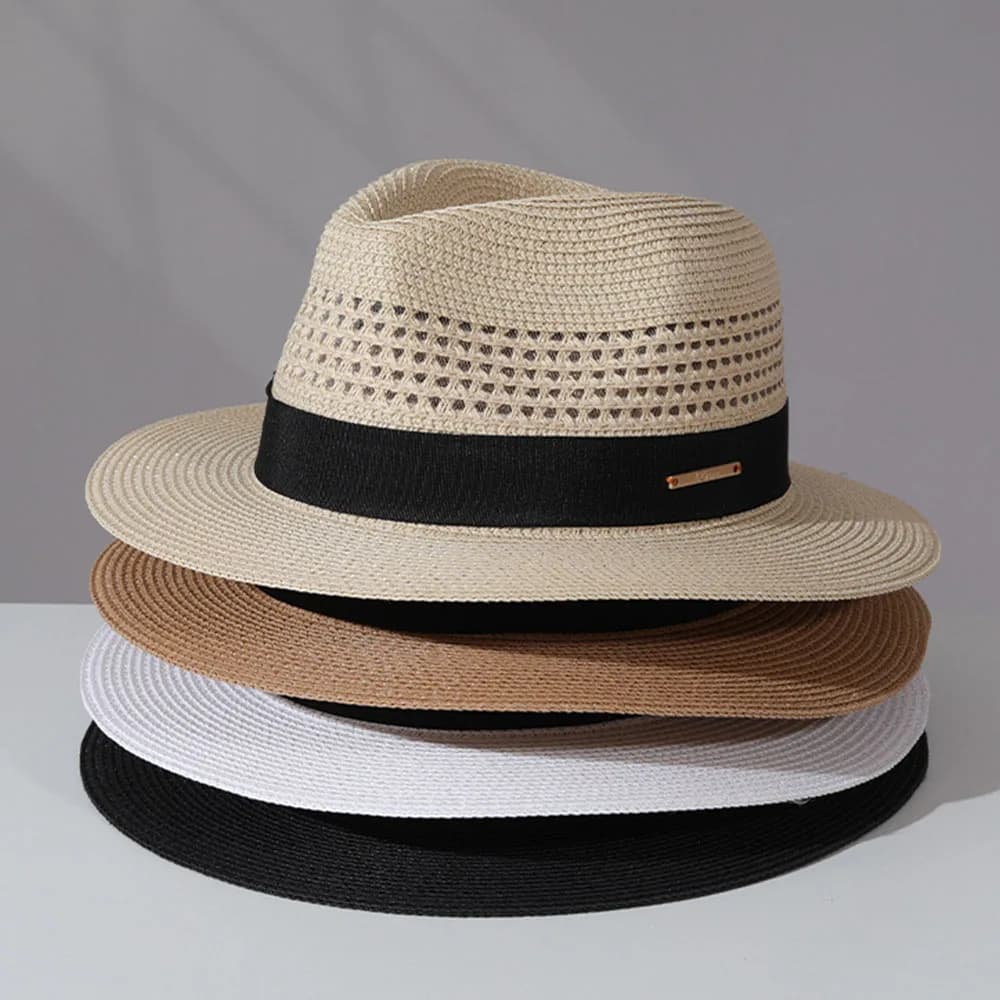 Cappello di paglia classico estivo da uomo, cappelli Panama in paglia all'ingrosso, cappello da sole semplice, cappello Jazz, fedora traspirante, protezione UV, cappello da mare