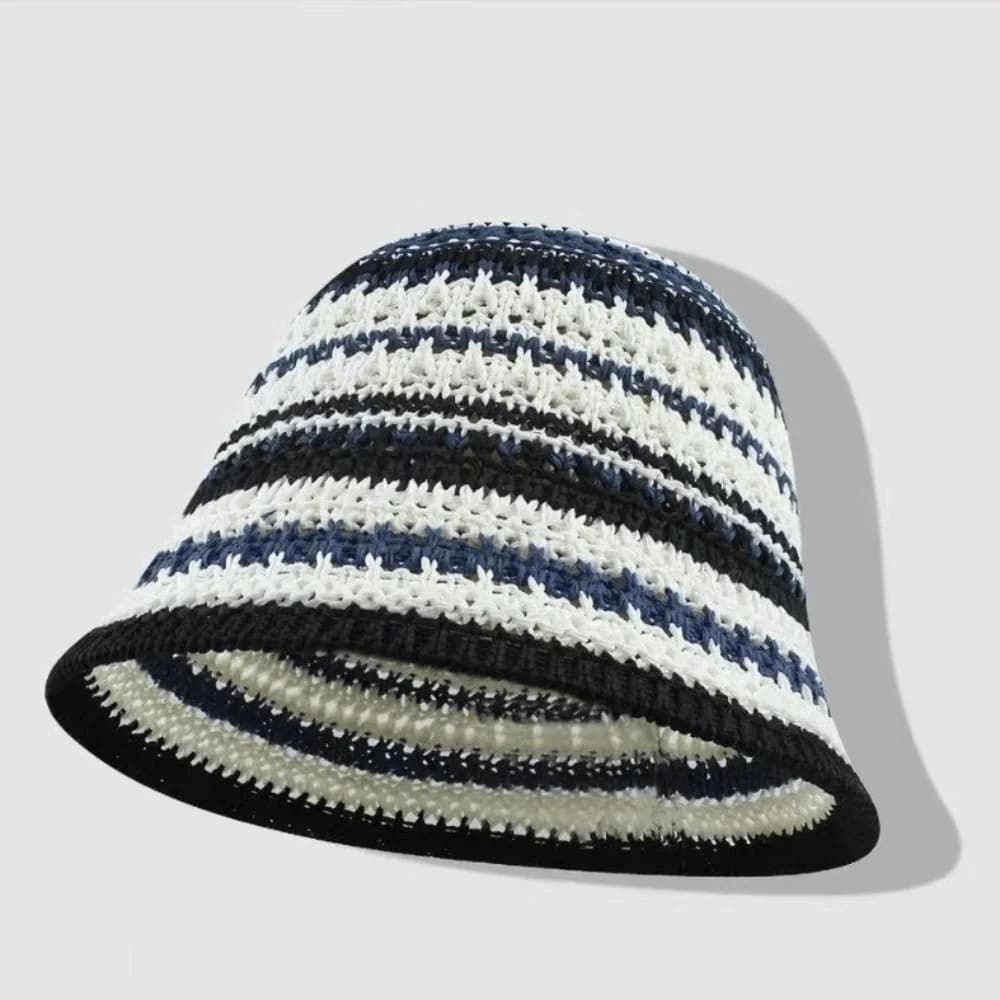 Striped Knitted Hollow Fisherman Hat UV Protection Breathable Straw Bucket Cap Multicolor Big Eaves Thin Sunshade Hat Summer