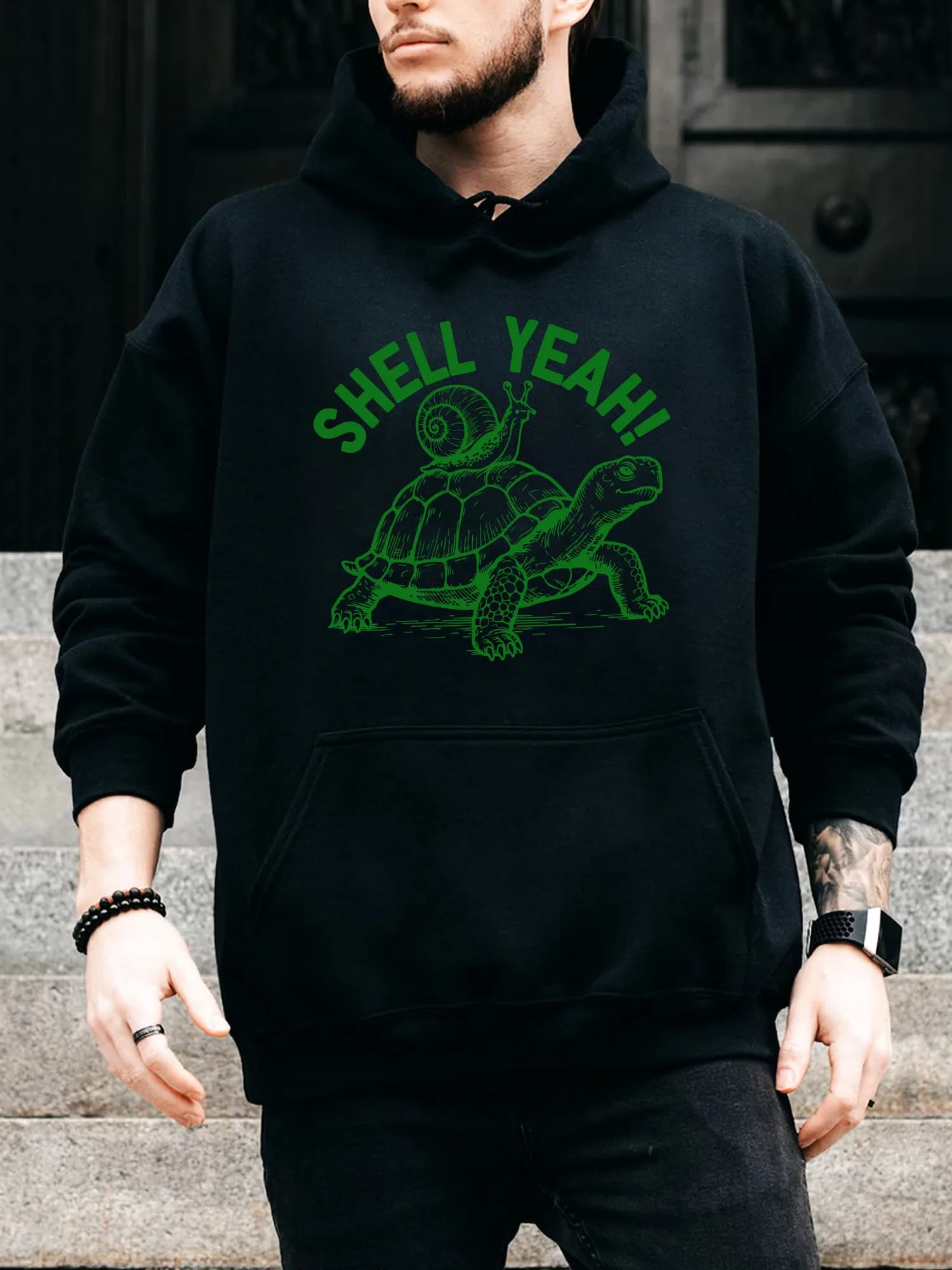 Felpa con cappuccio da uomo con coulisse Shell Yeah Turtle - Pullover nero casual e confortevole, felpa con cappuccio autunno e inverno