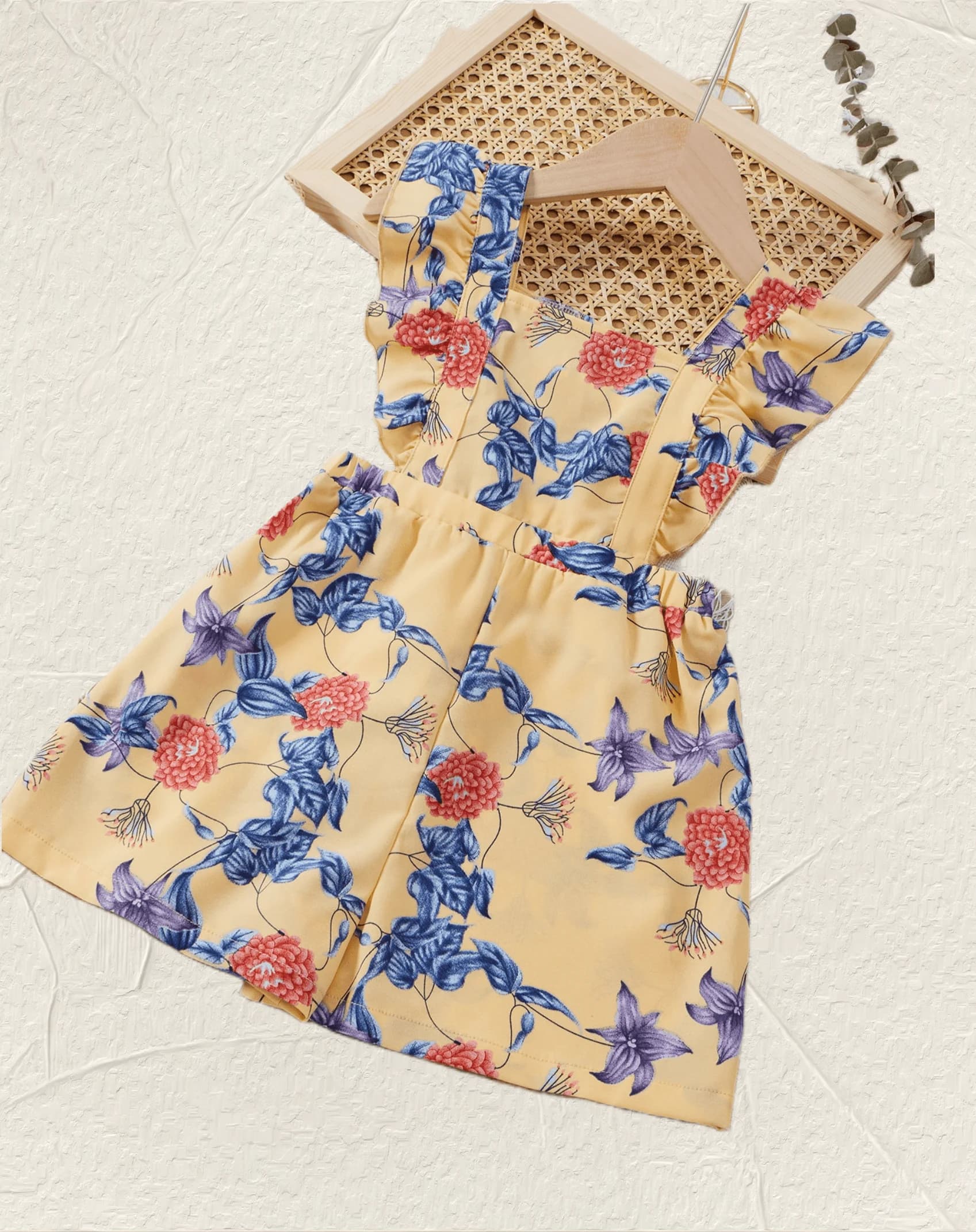 Tutina elastica pieghettata con colletto quadrato giallo, canotta in pizzo con stampa floreale, pendolarismo conservatore per ragazze estive