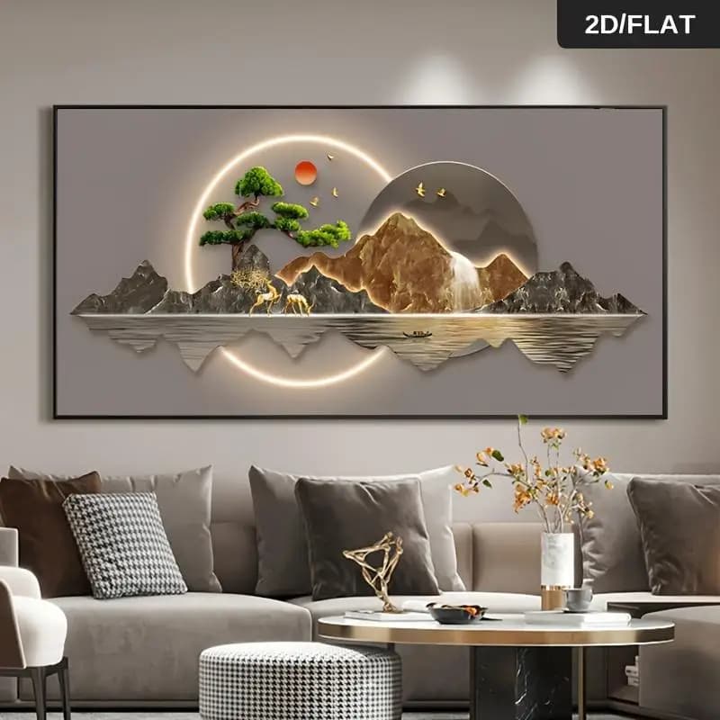 One modern abstract landscape oil painting - a tranquil scene of pine trees, mountains, and wildlife; ideal for living room or b