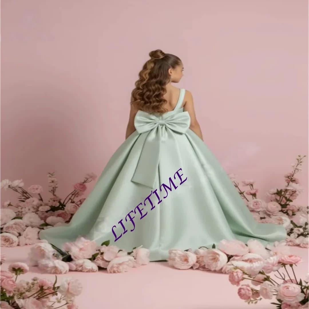 PersonalizzatoSage Green Girls Abito per festa di nozze Raso senza maniche Abiti da ragazza di fiori Archi Festa lunga Concorso di bellezza Comunione Bir
