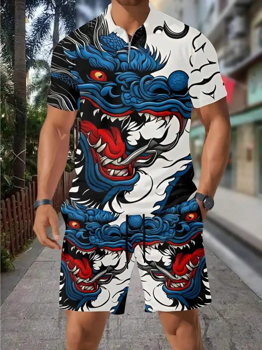Men's 3D Dragon Print Zipper Polo Shirt Casual Shorts Set Street Style Summer Beach Vacation Casual Wear For Adults Men